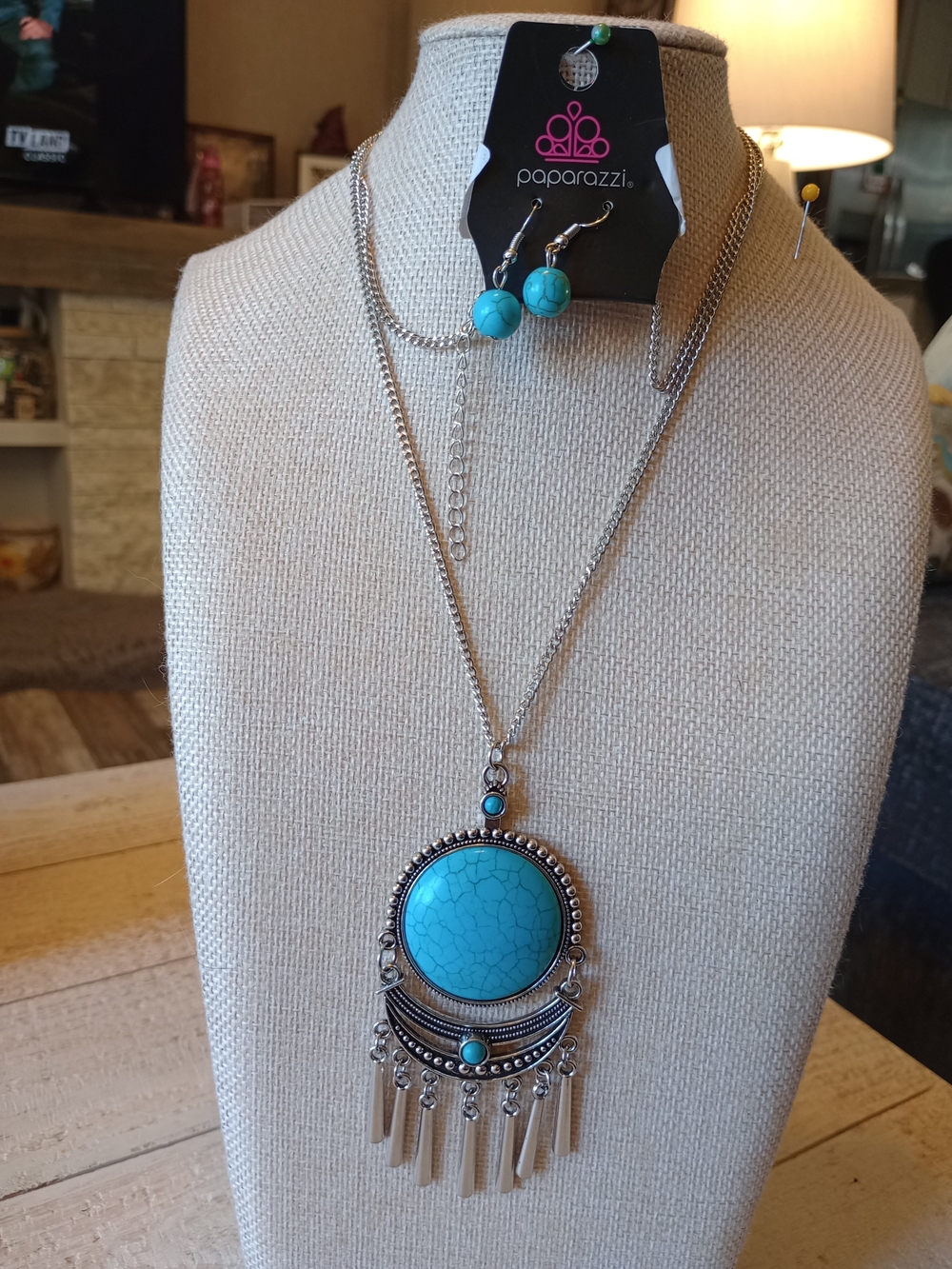 paparazzi Turquoise Boho Fringe Pendant Necklace with Matching Earrings